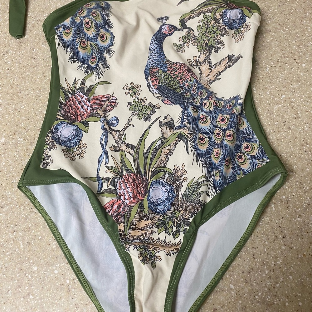 SHEIN Green and Cream Peacock Print One Piece Swimsuit